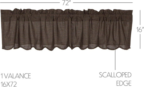 VHC Brands Kettle Grove Window Curtain, Plaid Valance Scalloped, Black, 16x72