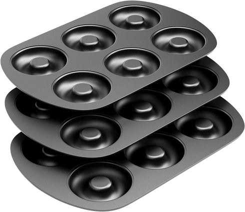 Tiawudi Non-Stick 6-Cavity Donut Baking Pans, Set of 3, Makes Individual Full-Sized 3 1/4" Donuts