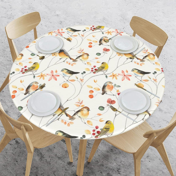 Yookeer Elastic Round Fitted Tablecloth, Bird Design, Stretchable Polyester Fabric for 40"-44" Table Cover