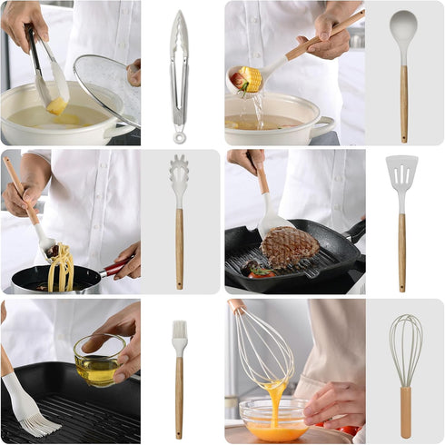 Kitchen Utensils Set of 12, Silicone Cooking Utensils with Wooden Handle and Organizer Bucket, Heat Resistant (Cream