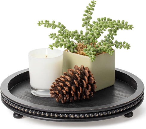 Bamboo Land- Round Decorative Trays for Coffee Table, 12", Black, Wood Tripod