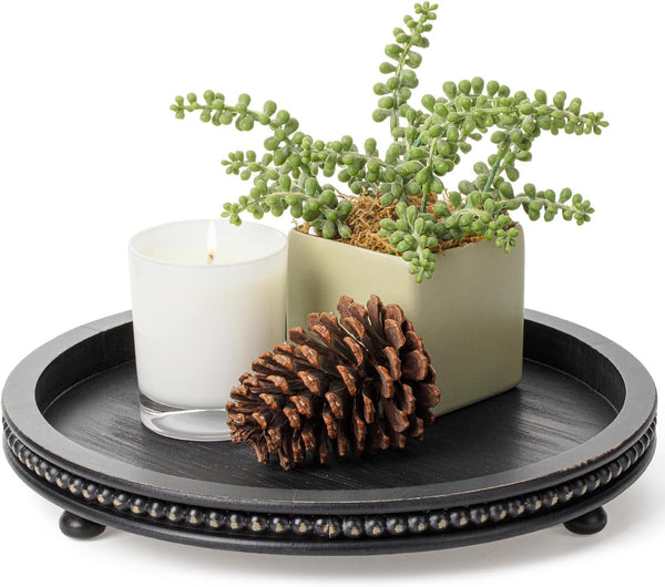 Bamboo Land- Round Decorative Trays for Coffee Table, 12", Black, Wood Tripod