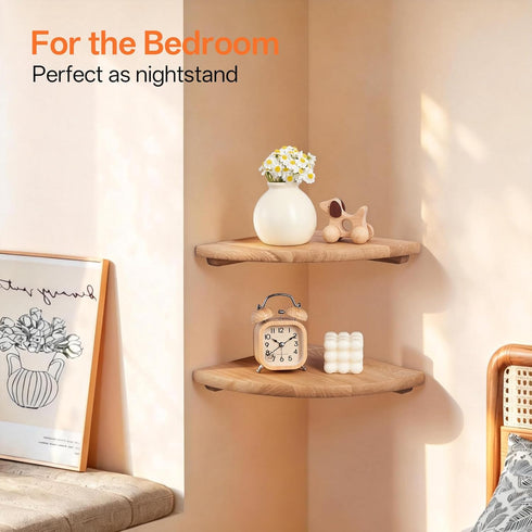 Set 2 9inch Gieanoo Floating Corner Shelves for Wall Solid Oak Rounded Corner Shelves Wall Mounted with Cable Hole Wood
