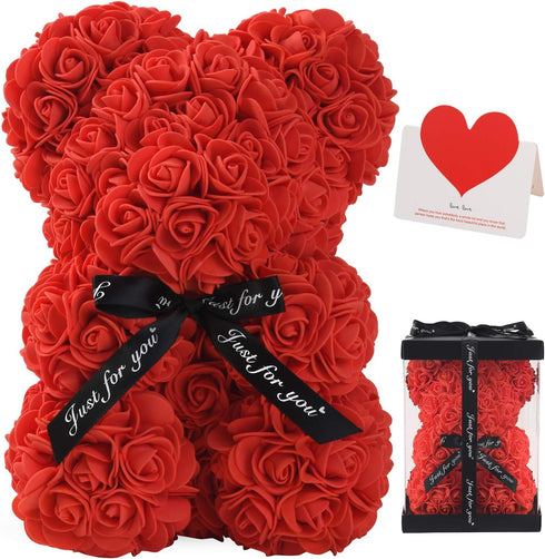 LINKLO Rose Bear - 10 inch Artificial Rose Flower Teddy Bear Gift for Wedding, Mothers Day (Red)