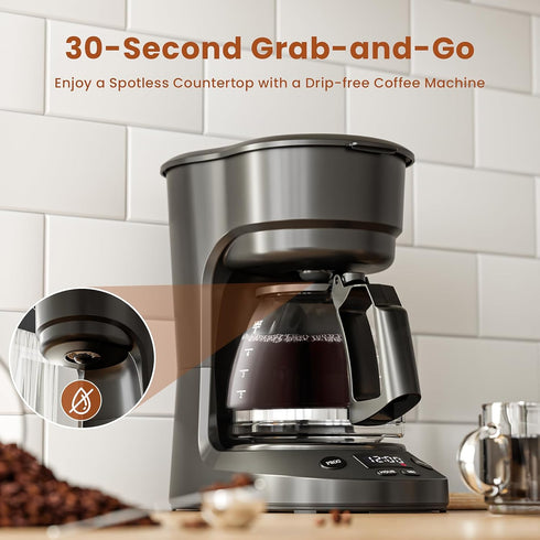 5 Programmable 25oz WAA Cup Drip Coffee Maker, Portable Coffee Machine with Glass Pot, Includes Hot Plate and Reusable