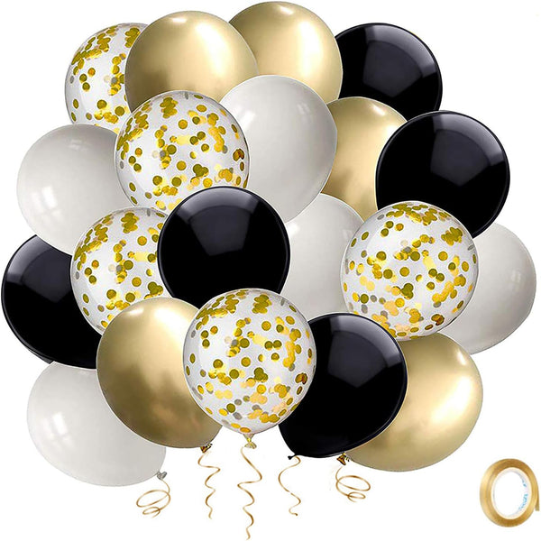 Black and Gold Confetti Balloons, 50 Pack 12inch White Latex Party Balloon Set for Decorations