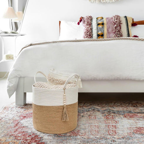 Mkono Woven Storage Basket, Small Decorative Rope Basket for Blankets, Toys, Clothes, 11" W x 11"L, White and Yellow