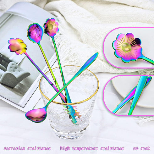 Flower Spoon Set of 4 PCS, LEEFONE 7" Flower Pattern Long Handle Spoon for Tea & Ice Cream