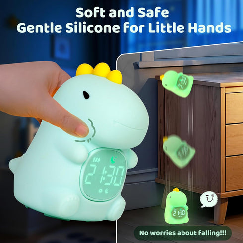 Dinosaurs Alarm Clock with Night Light for Kids with Sleep Training and Sound Machine, Rechargeable Silicone Lamp OK