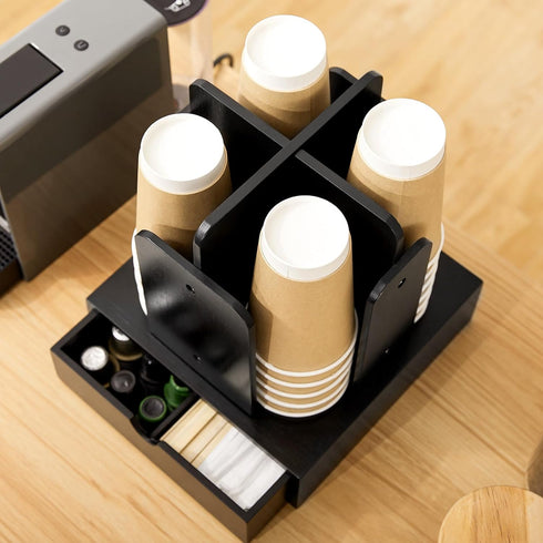 Coffee Station Organizer for Countertop, 4 Compartment Bamboo Coffee Bar Accessories and Disposable Cup Dispenser
