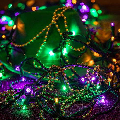 50ft 100 6" IP55, Dimmable, Novelty Lights LED Yellow/Purple/Green Mardi Gras Lights Outdoor/Indoor, Spacing, Green