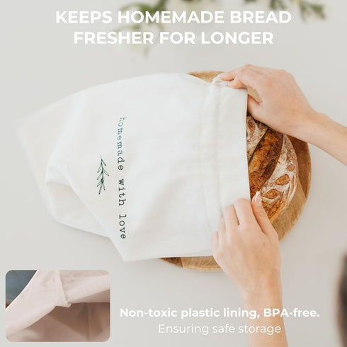 Set KIBAGA Beautiful Linen Bread Bag and Proofing Cover For Homemade Sourdough Bread - Keeps Your Loaf Fresh for Days