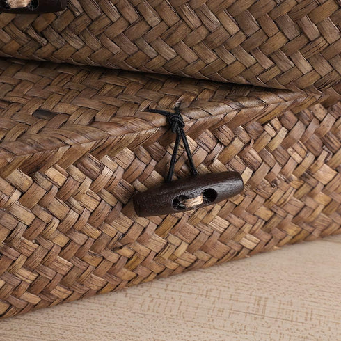 Hipiwe Set of 2 Flat Woven Wicker Storage Bins with Lid, Natural Seagrass Basket, Multipurpose Home Boxes for Shelf