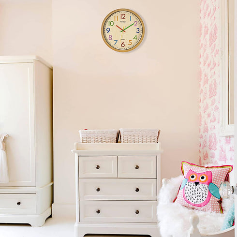 Foxtop 12 Inch Silent Kids Wall Clock - Non-Ticking Battery Operated Colorful Clock for Nursery & Classroom