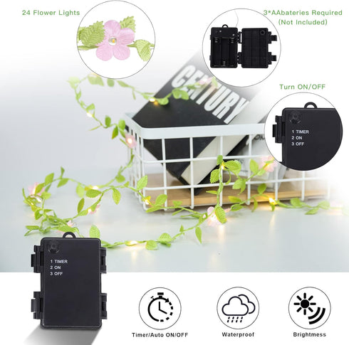 2 Packs 48 Vigdur Vine Lights - Tiny Leaf Ivy String Lights with Cherry Blossom Lights Battery Powered Waterproof Fairy