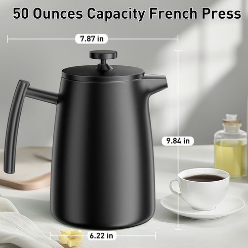 50oz 304 Secura French Press Coffee Maker Stainless Steel, Insulated Coffee Press with Extra Filter, Black