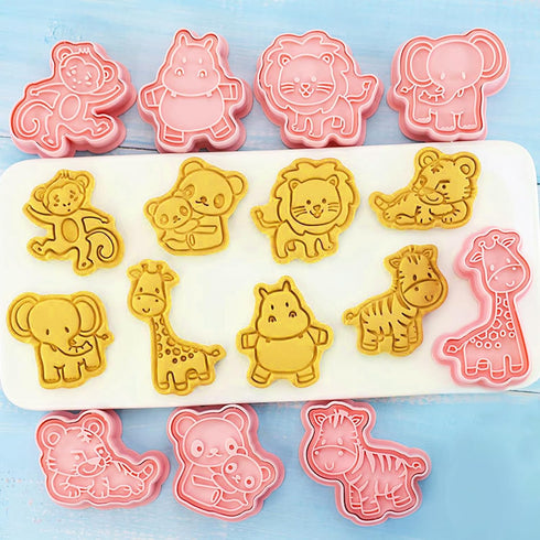 8 Pcs Cookie Cutters, 3D Cookie Cutter with Plunger Stamp, Animal Shape Molds for Kids Baking Decorations
