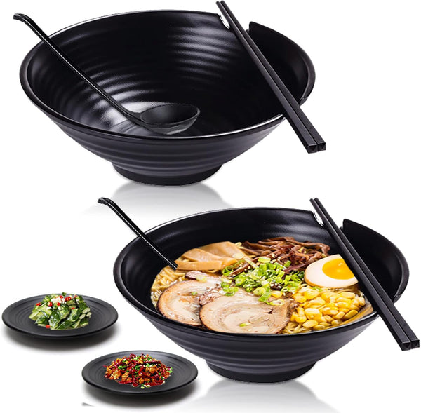 Vivimee Unbreakable Japanese Style Ramen Bowl Set of 2, 37oz Black Large Matte Melamine Bowls with Spoons & Chopsticks