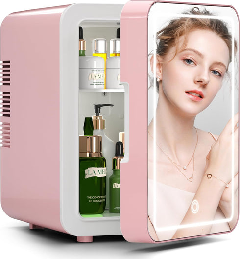BOGDA Mini Skincare Fridge (4 Liter/6 Can) with Dimmable LED Light Mirror, Cooler and Warmer for Makeup