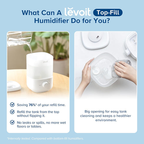 LEVOIT Top Fill Humidifiers for Bedroom, 2.5L Tank, Quiet Cool Mist Air Humidifier for Home, Auto Shut-off