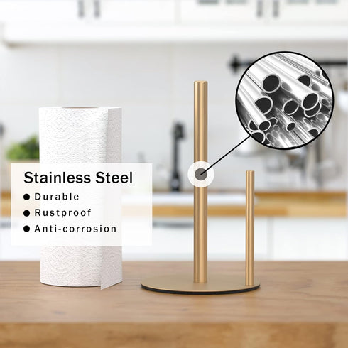 Paper Towel Holder Gold Kitchen Roll Holder, Premium Stainless Steel Dispenser for Organizing Countertop Rolls