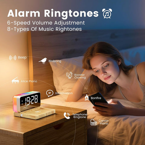 5 1 10W Bedroom Alarm Clock for Heavy Sleepers - in Magnetic Wireless Charger with White Noise Bluetooth Speaker RGB