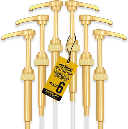 6 Pack Coffee Syrup Pump Dispenser (Gold) - Compatible with Torani, Davinci, and Skinny Syrup Bottles