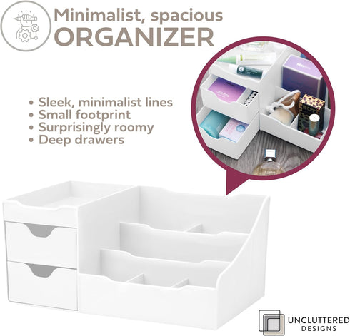 Uncluttered Designs Large Makeup Organizer for Vanity - Countertop Desk with Drawers for Cosmetic, White