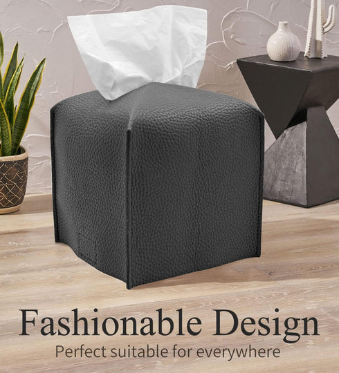 Livelab Square Tissue Box Cover, Decorative PU Leather Holder for Bathroom, Vanity, Night Stand, Desk, Dark Gray