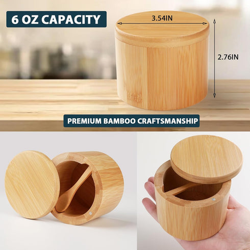 2 Countertop Timtopno Bamboo Salt Cellar, PCS Salt Container with Built-in Spoon, Salt Box Bowl with Magnetic Swivel