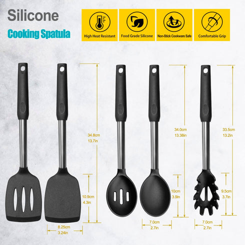 Silicone Spatula and Cooking Spoon,5 Pack Non-Stick Cooking Utensils for Kitchen,Heat Resistant Solid & Slotted Spoons and Spatulas, Stainless Steel Handle Coated with Silicone,Black by Vovoly