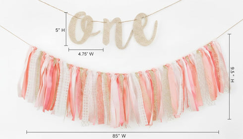 1st Set PapaKit Girls Birthday High Chair Premium Decoration - Pink & Gold Ribbon Garland, Crown, One Banner & Cake