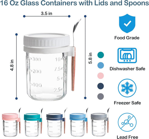 Ipukr 16 oz 6 Pack Overnight Oats Containers with Lids & Spoons, Reusable On-the-Go Cereal and Yogurt Cups, Mason Jars