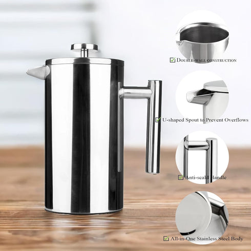 Small Stainless Steel French Press, 12-Ounce Dual-Filter Coffee Plunger Pot Brewer and Maker for Individual Serving, Silver by Highwin