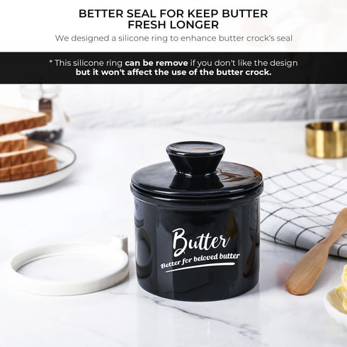 French Butter Dish Butter Crock with Lid and Knife, Keeps Butter Soft and Fresh for 2-5 Weeks, Black