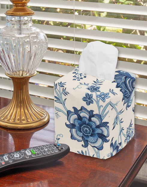 Fabric Tissue Box Cover, Decorative Cotton Blue Floral Fabric Tissue Holder Slipcover for Square Cube Cardboard Facial