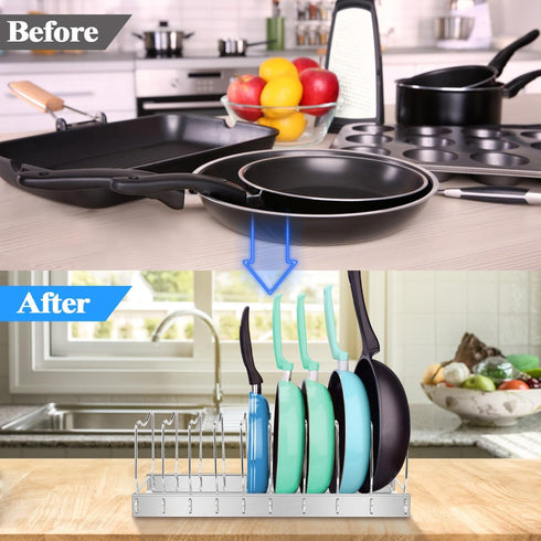 Adjustable Pot and Pan Organizer, Heavy Duty Lid Organizer for Kitchen Storage with 10 Compartments