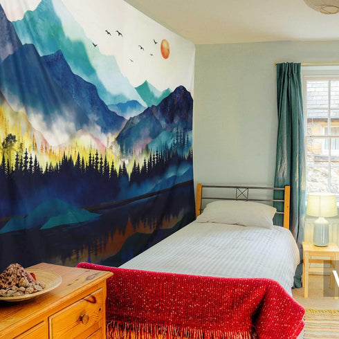 RosieLily Mountain Tapestry, 59"x79" Watercolor Tapestry Nature Tapestry Misty Forest Landscape for Bedroom