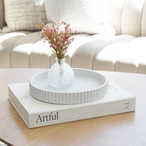 Set Decorative Concrete Tray & Book Decor - Scalloped Tray & Linen Box Enhance Your Coffee Table or Bookshelf Decor