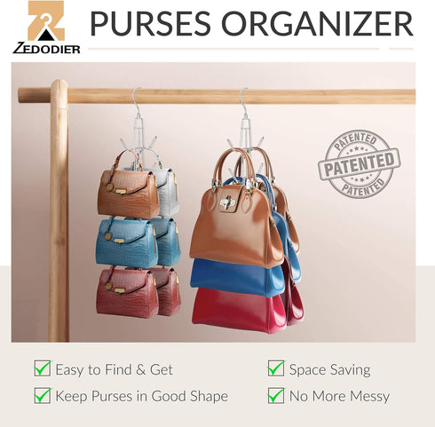 ZEDODIER Purse Hanger Organizer for Closet, 2 Pack Hanging Bag Holder, Keeping Purses Visible and in Good Condition, Metal Handbag Storage Hook Backpack Rack Space Saving Hanger, Silver by ZEDODIER