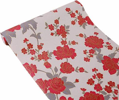Vintage Floral Adhesive Paper Vinyl Shelf Liner, Peel Stick Dresser Drawer Sticker, 17.7inch by 118inch (Red)