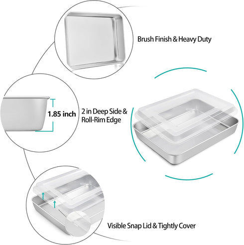 TeamFar Lasagna Pan, 12?’’ x 9¾’’ x 2’’ - Stainless Steel Rectangular Cake Brownie Baking Pan with Lid