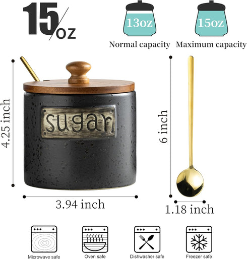 15 Oz LYEOBOH Black Sugar Bowl with Lid and Spoon, Farmhouse Sugar Container Holder for Coffee Bar Accessories, Food