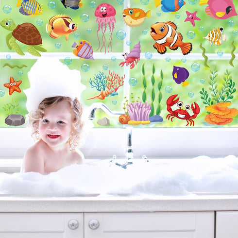 9 Sheets Summer Window Clings Ocean Themed Tropical Fish Window Decals Sea Life Double-Sided Window Decals for Summer School Home Office Bathroom Decor Party Under The Sea Party Supplies by AnyDesign