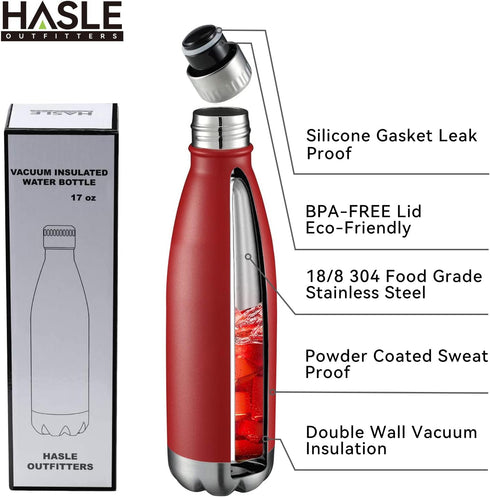 HASLE OUTFITTERS 17oz Stainless Steel Water Bottles - Bulk Vacuum Insulated, Double Walled, Red, 4 Packs