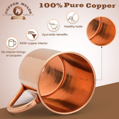 Copper Mules PURE Copper Mug, RAW Copper Interior, Holds 16oz, Ideal for Moscow Mules