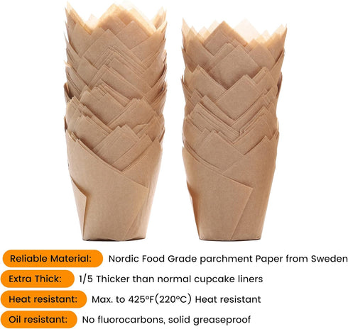 200pcs Natural Tulip Cupcake Liners, Unbleached European Parchment Paper Muffin Wrappers for Baking, Party, Christmas