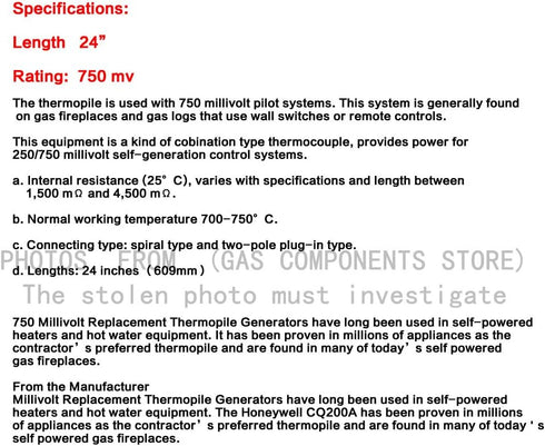 750 Temperature Resistance Millivolt Replacement Thermopile Generators for Gas Fireplace/Water Heater