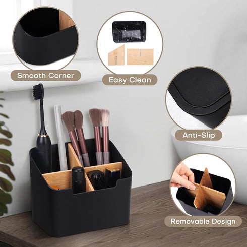 Toothbrush Holders for Bathrooms,Electric Toothbrush and Toothpaste Holder with Bamboo Divider for Bathroom Countertop Organizer,Toothbrush Caddy for Kids Family Counter Vanity Storage Black by Ayswupt