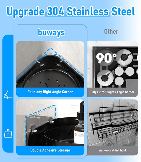 360 6 2PACK 5Pcs Rotating Shower Caddy Shelf With Hooks, Bathroom Organizer With Adhesive, Stainless Steel Corner Racks